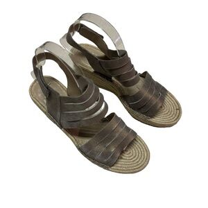 Eileen Fisher Espadrille Sandals Women's Size 8.5 Wedge Pewter Leather Metallic